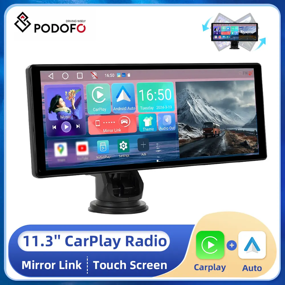 

Podofo 11.3" Car Video Recorder 4K Wireless Carplay Android Auto Dashboard Camera GPS Video Recorder Navigation Video Player