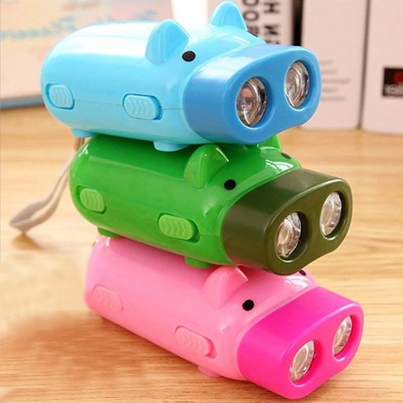 Mini mão pressão porco tocha auto-geração LED piscando lanterna portátil luz com 2 LEDs (cor aleatória)