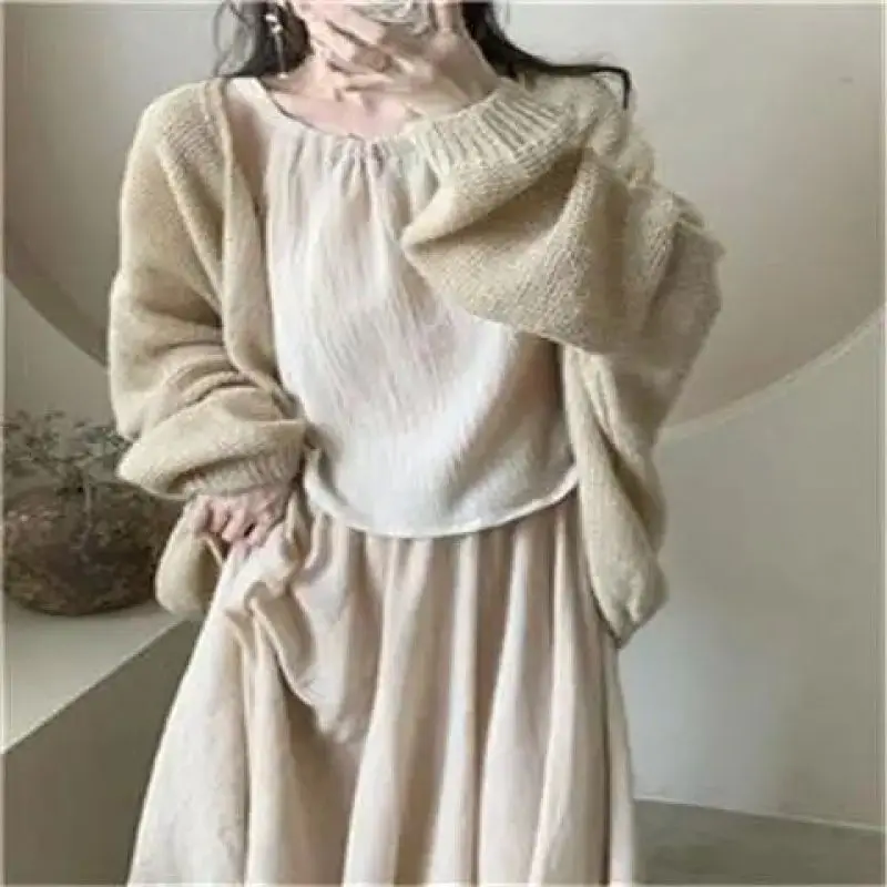 Pure Desire Wind Set Women's Spring 2024 New Sweater Cardigan+Neck Hanging Tank Top+Half Length Long Dress Three Piece Set Dress