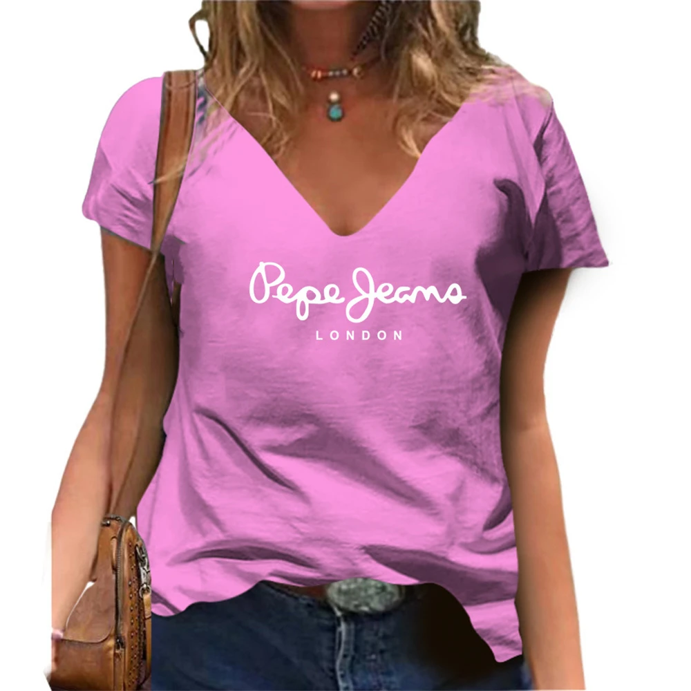 Damska koszulka T-shirt oversize z krótkim rękawem, gładka, z kwiatowym nadrukiem, dekolt w serek, letnia koszulka damska Y2K