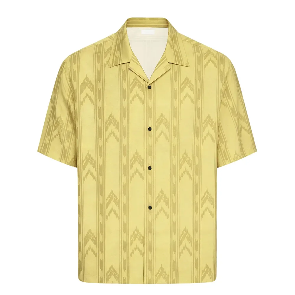 Men Cuban Collar Button Up Shirt,Subtle Ethnic Arrow Pattern,Vertical Stripe 3D Print,Relax Fit Short Sleeve Summer Beach Blouse
