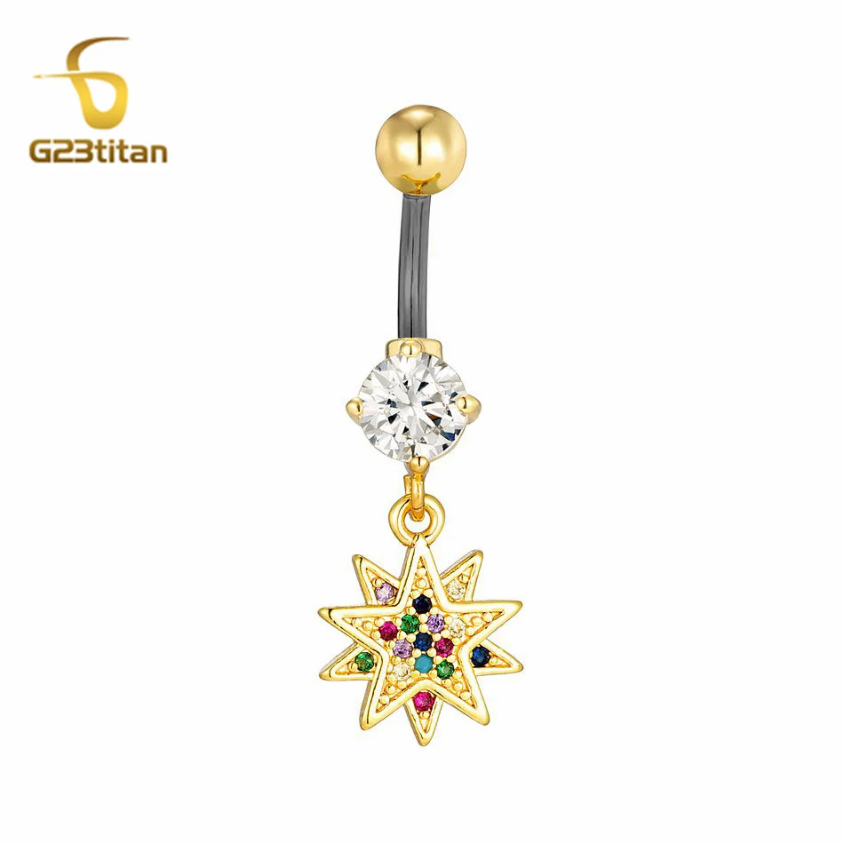 14G المضادة للحساسية التيتانيوم الفني ثمانية عون ستار البطن خاتم على شكل زر ملون الزركون السرة ثقب الحدائد الذهبي العربية مجوهرات