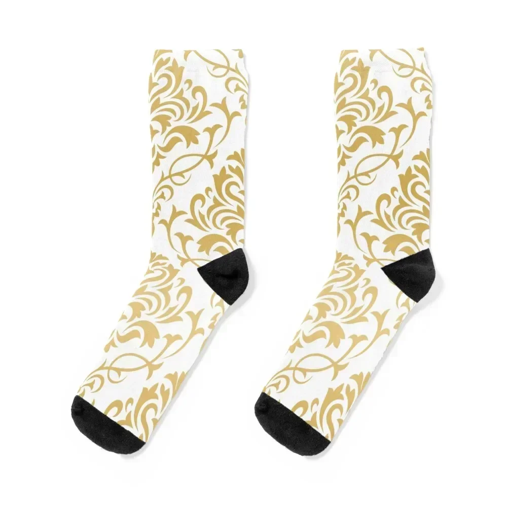 Gold and white vintage damasks Socks kids sports stockings Thermal man winter Socks For Girls Men's