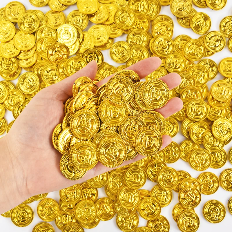 50/100/200Pcs Piraten Gold Münzen Kinder Geburtstag Party Dekoration Gefälligkeiten Kunststoff Gefälschte Münze Schatz Geschenk Halloween cosplay Requisiten – Detail 6