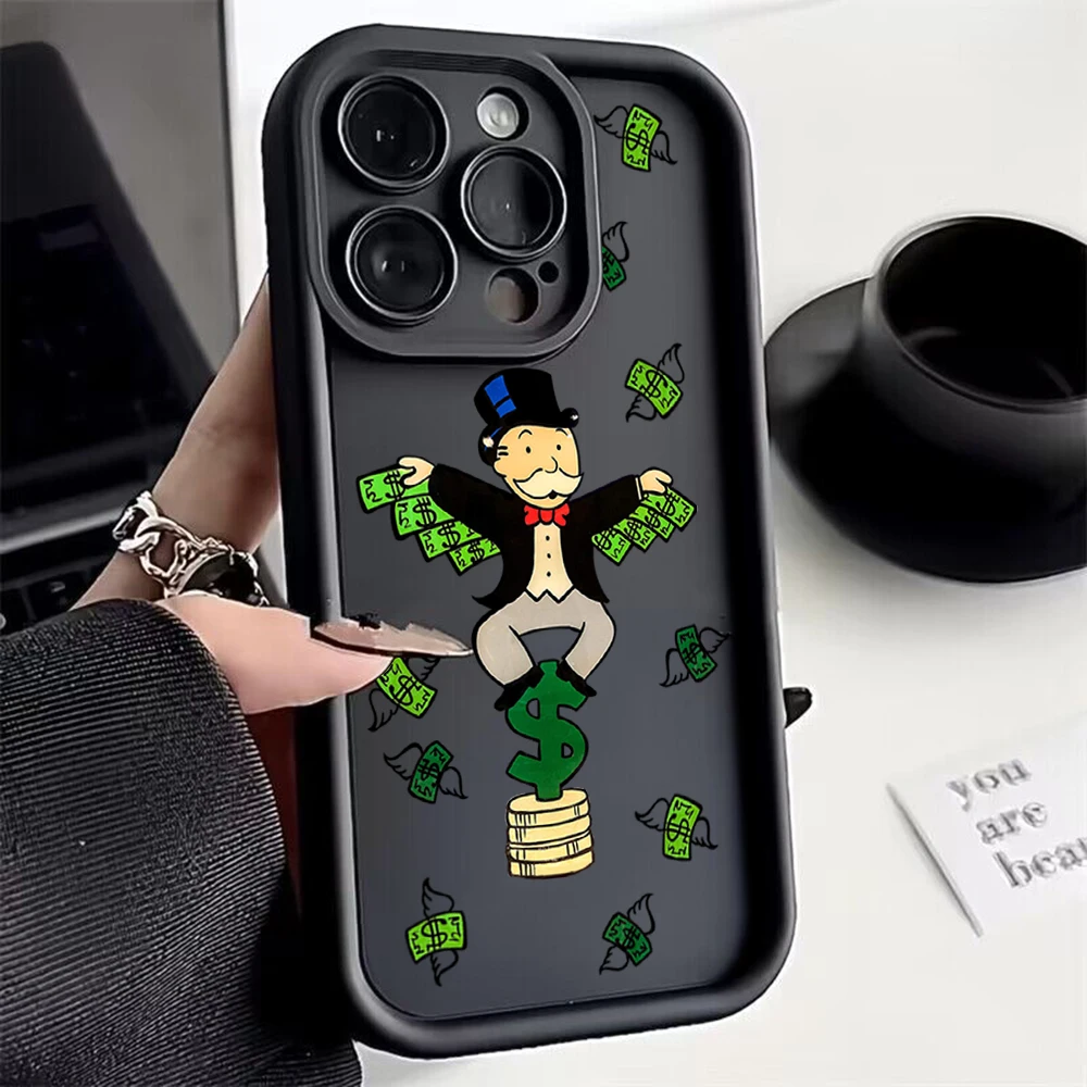 Cartoon Dollar Money Monopolys Phone Case for IPhone 15 14 13 12 11 Pro Max Mini XR XS X 7 8 Soft TPU Back Cover With Hand Strap