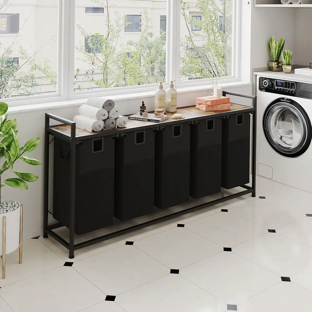 5 Bin Laundry Hamper w/olding Table, Laundry Basket w/Removable Bags | Laundry Sorter, Heavy Duty with Removable Bags & Side ket