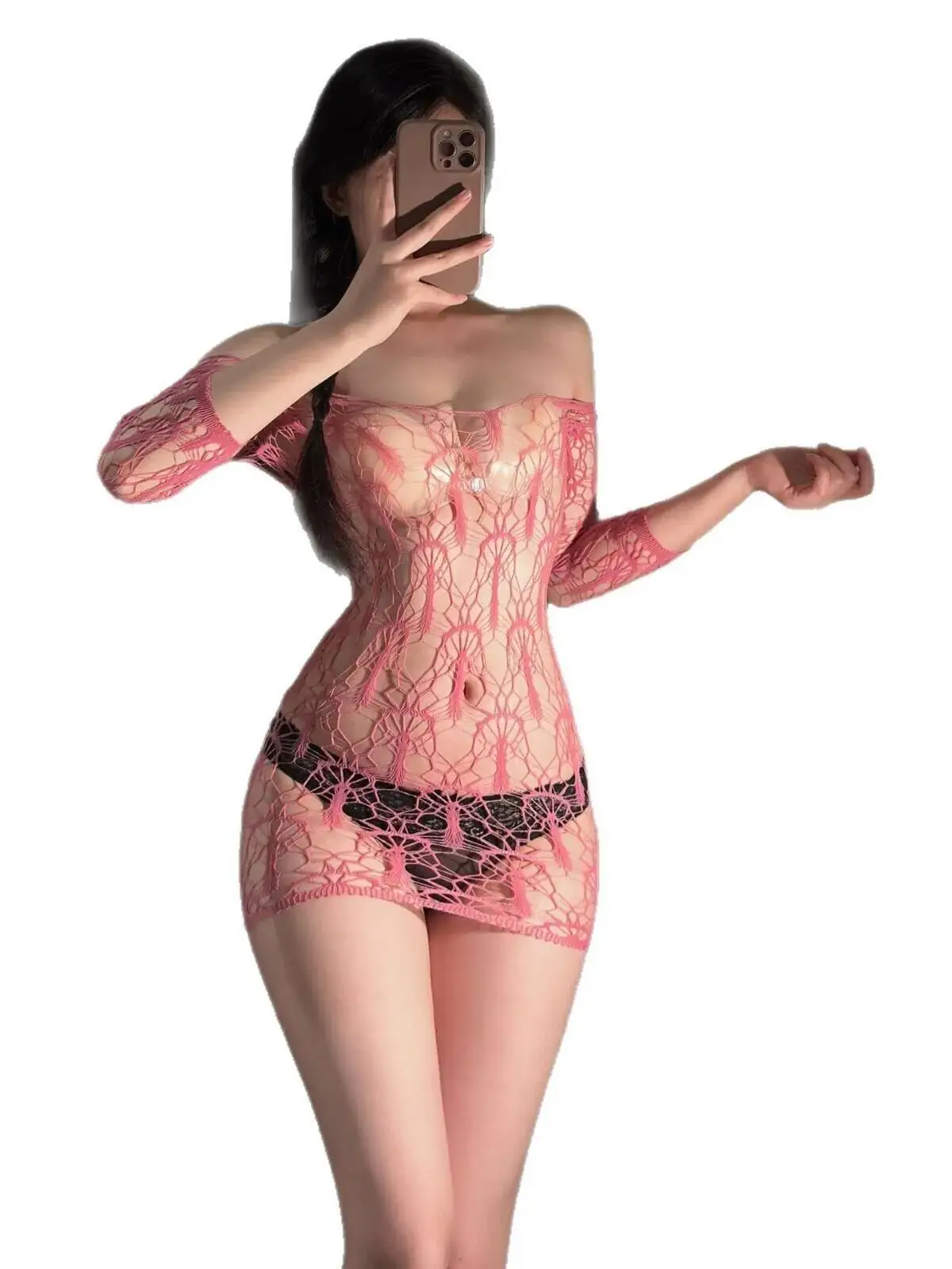 純粋な欲望ピンクシアーホローアウトタイトボディコンドレスセクシーな楽しい網タイツドレス女性のためのオフショルダーバックレスノースリーブOM4K