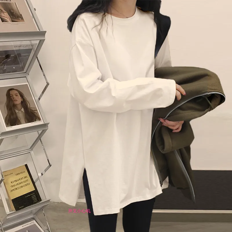 Autumn and Winter White Long Sleeved T-shirt Pure Cotton Hoodie Mid to Long Length Base Shirt Women's Inner Layer with Added