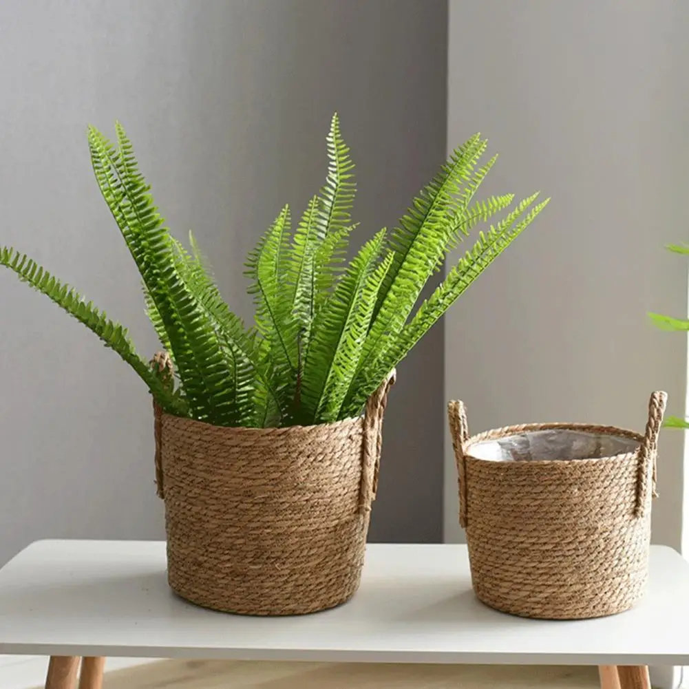 Rustic Woven Plant Holders Woven Seagrass Plant Pot with Handle Plastic Lined Storage Basket Natural Rattan Flower for Indoor