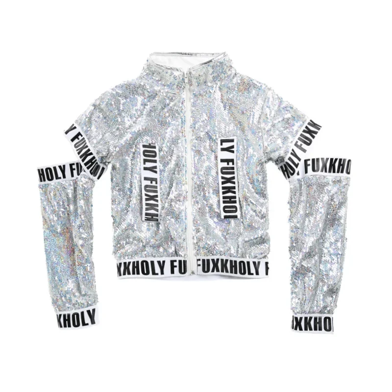 2026 Silver Sparkly children jazz Modern dance Costumes Girls boy Sequins alphabet band hip hop Street stage wear for 5AQBR view 6