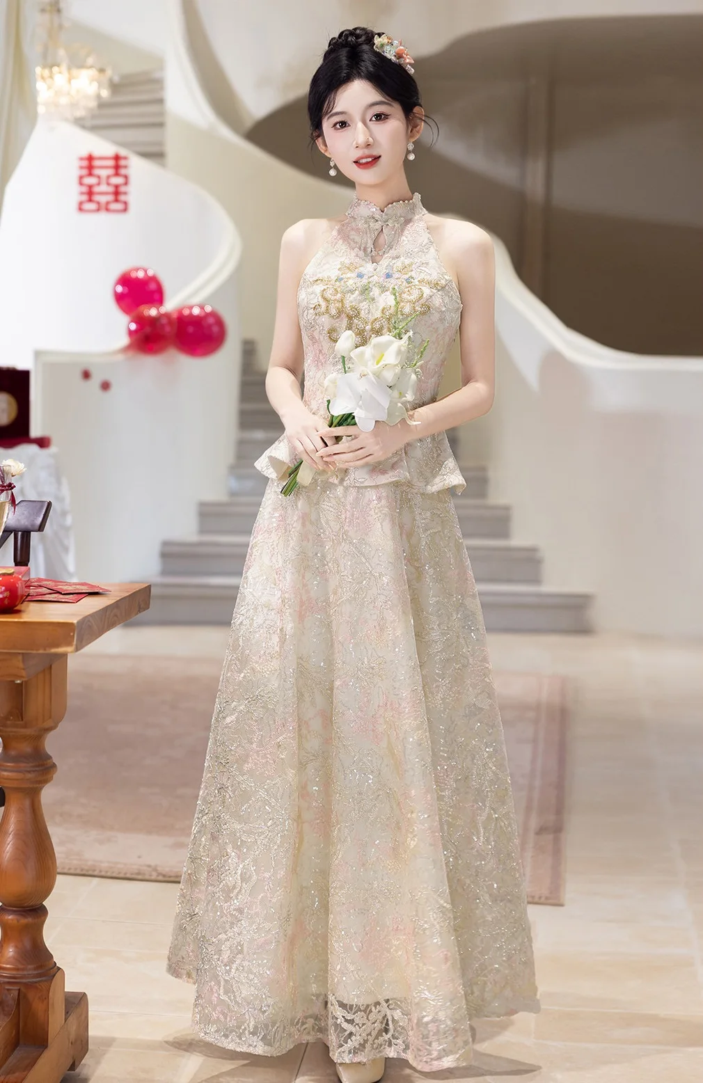 Luxury Champagne Colored Beaded Engagement Cheongsam Chinese Wedding Dress Toasting Bridal Suit Improved Female Qipao in055