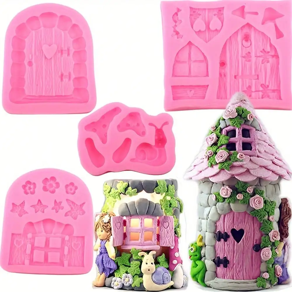 4pcs Enchanted Vintage Fairy Garden Fairy Gnome Home Door Snail Silicone Chocolate Fondant Molds Crafting Cake Decorating