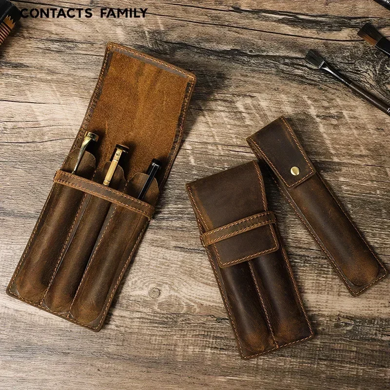 Handmade Cowhide Pen Holder Vintage Horsehide Pen Case Can Hold 1-3 Fountain Pens Personalized Creative Student Pen Case