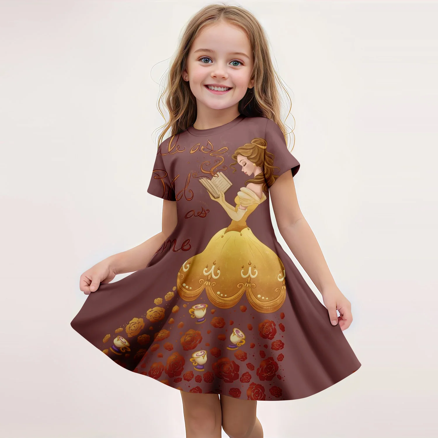 MINISO Summer Children's New Fashion Girl Dress Comfortable Cartoon Cute Disney Dress 3D Print Belle Princess Short Sleeved