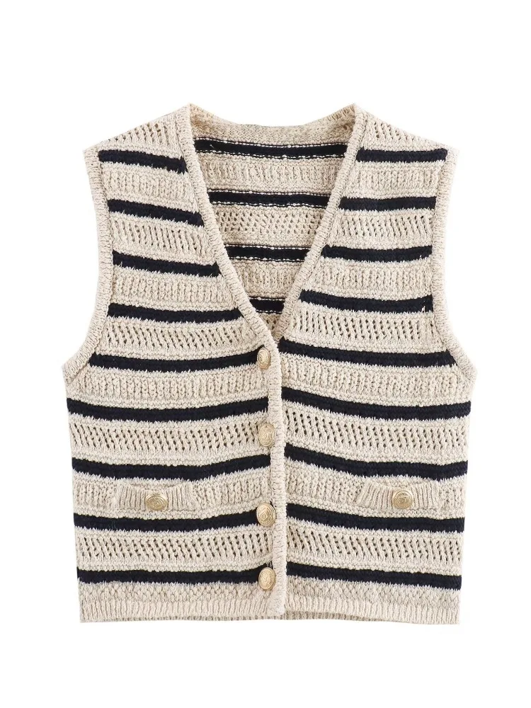 Women's Fashion Stripe Knit Top 2024 Female High Street V-neck Sleeveless Front Button Versatile Female Chic Vest