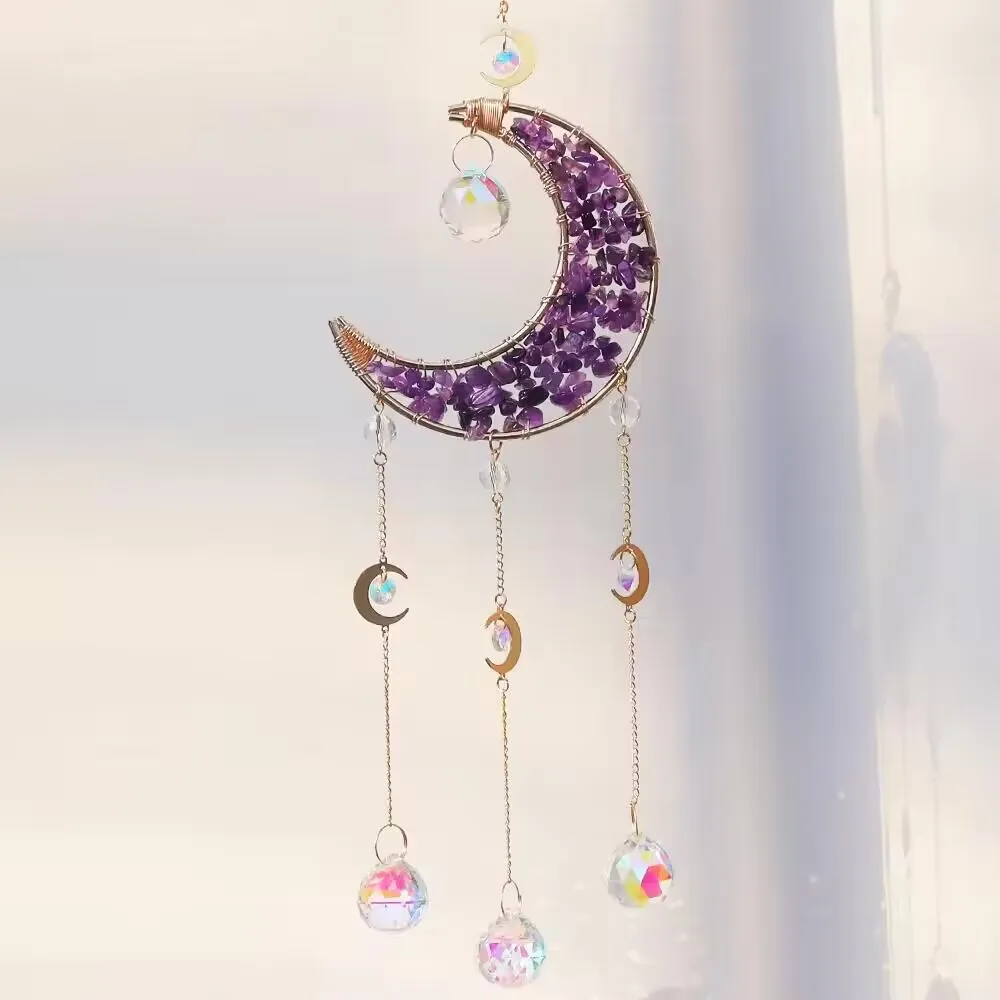 Amethyst Moon Sun Catcher Wind Chime - Crystal Hanging Ornament for Window Home Decor & Gift