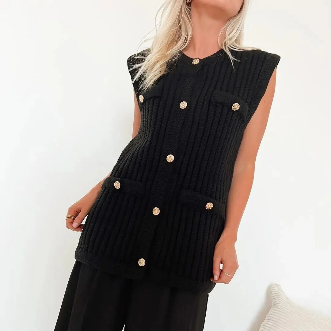 Women Single-breasted Knitted Vest Sleeveless Tank Top Coat Autumn Winter Korean Office Lady Waistcoat Jackets Knitted Vests