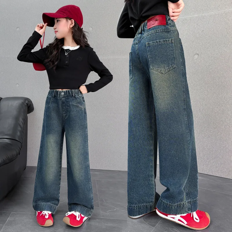 

Осень 202, детские джинсовые брюки для девочек, свободные однотонные джинсы с эластичной резинкой на талии для девочек, повседневные универсальные прямые брюки для маленьких девочек