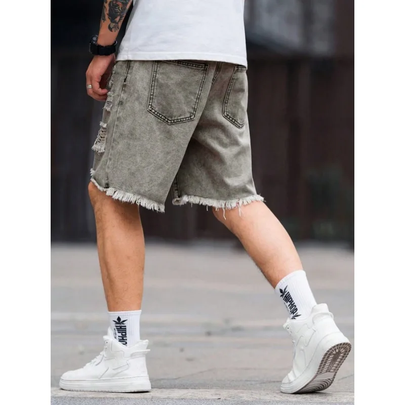 OIQERE Mens Retro Gray Washed Ripped Bermuda Denim Shorts Torn Frayed Hem Raw Edge Straight Leg Streetwear Casual Mid Pants