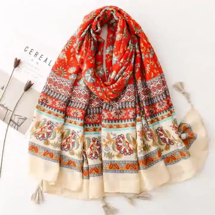

Travel Vacation Shawl Red Flower Retro Ethnic Style Scarf Cotton And Linen Clothing Accessories For Women