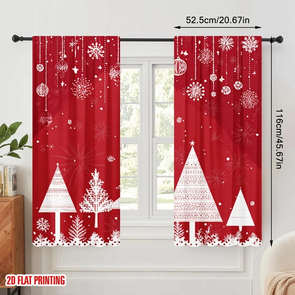 2pcs,2D plane printing Curtain Fabric Snowflakes Pine Versatile Polyester (without rod) All Seasons Perfect for Bedroom, Office,