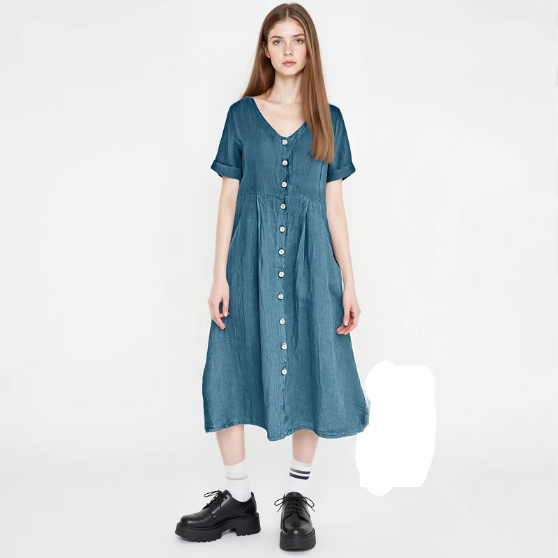 Summer V-neck Dress for Women Cotton Linen Blend High Waist Loose Casual Midi Skirt Buttons Perfect for Vacation