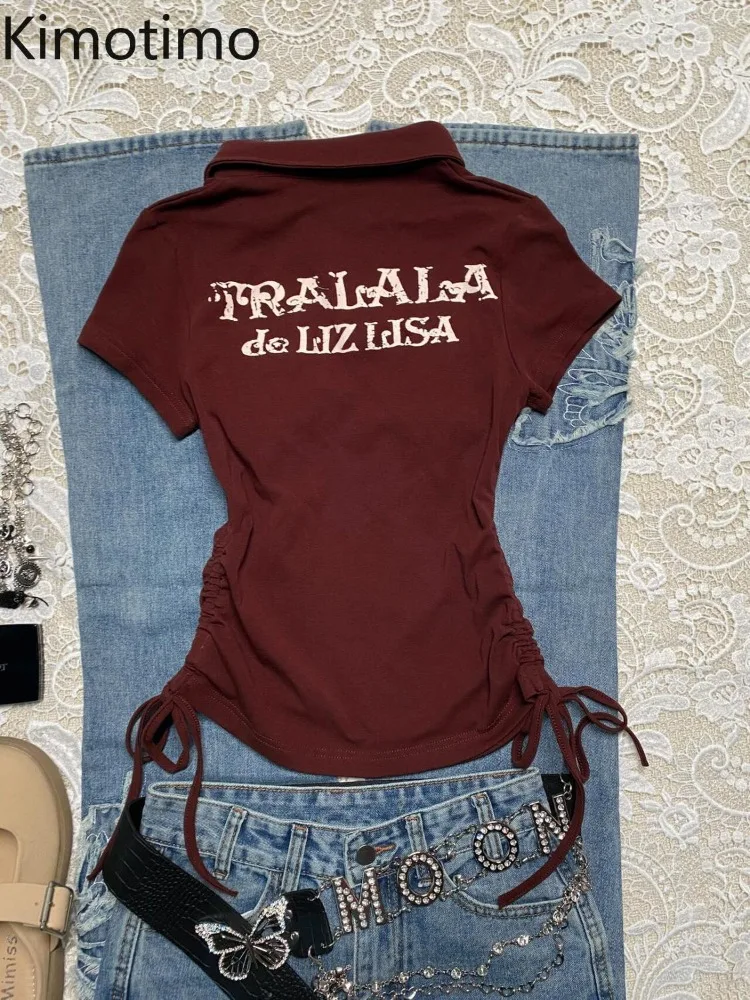 

Kimotimo Korean Style Short Sleeve T-shirt Women Lapel Pocket Design Slim Fit Drawstring Waisted Crop Top Vintage Y2k Chic Tees