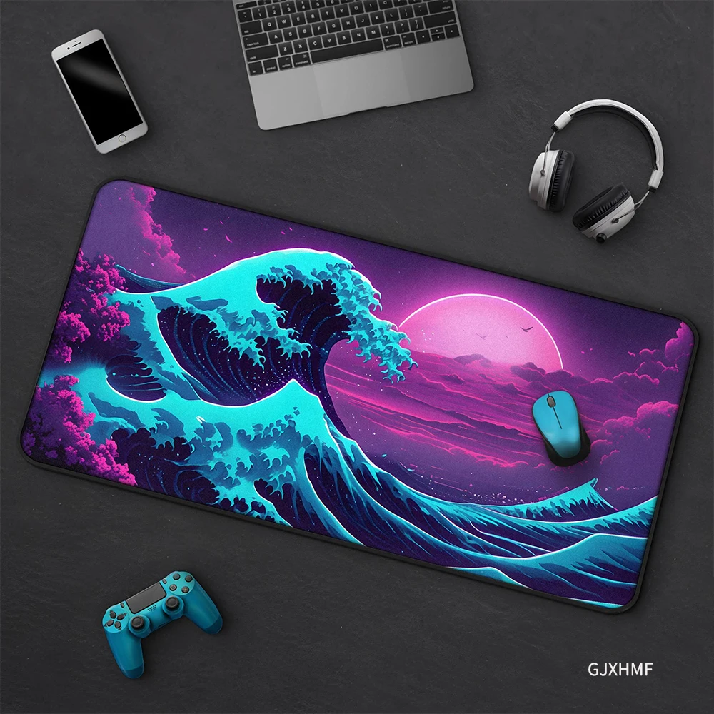Great Wave Mauspad Neon Great Wave Kanagawa Gaming-Mauspad Retro Synthwave Schreibtischunterlage Anime Vaporwave Große japanische Welle Büro