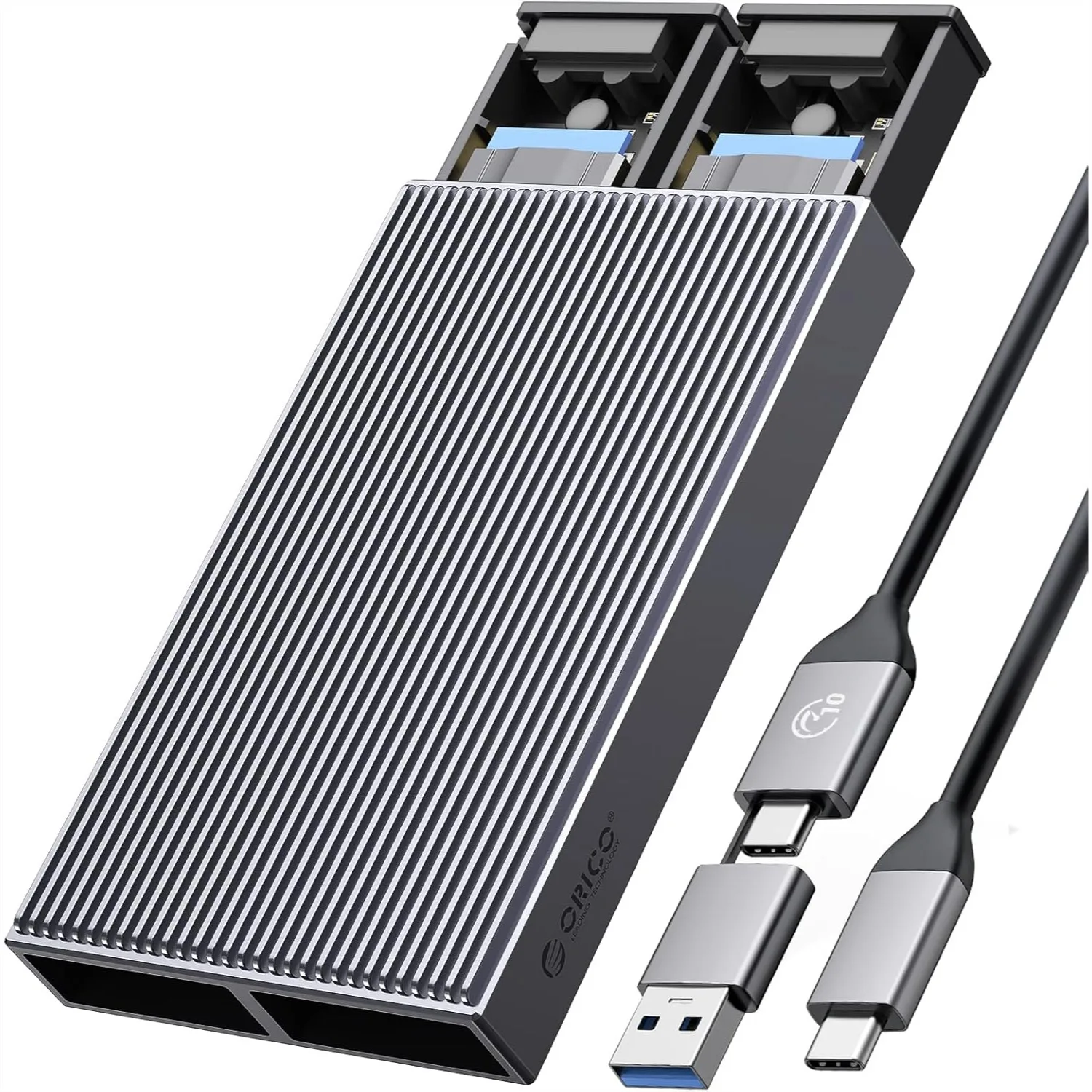 Dual M.2 NVMe SSD Enclosure, USB C to M2 Adapter for M Key PCIe 2230/2242/2260/2280, Tool-Free Installation Aluminum SSDs Reader