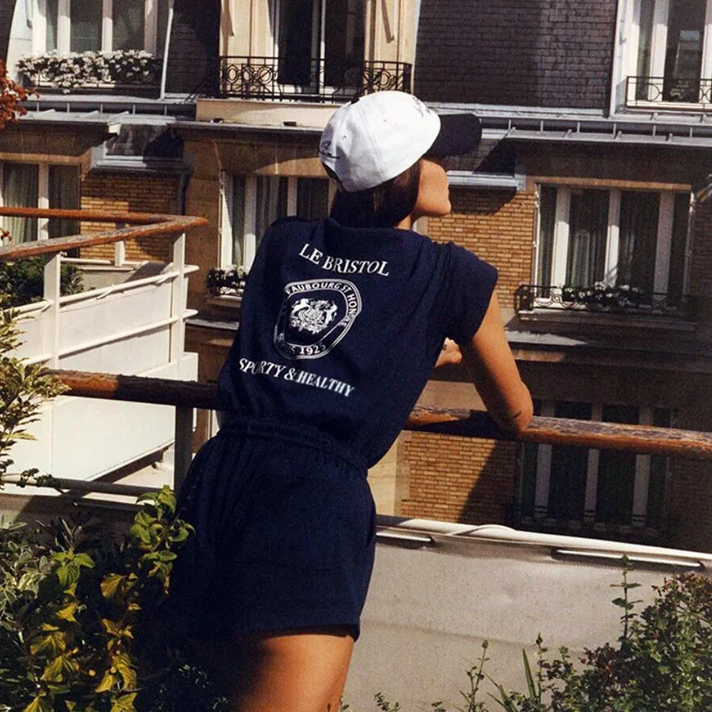 

American Vintage Style Sport Club Printing Navy T Shirts Women Summer Short Sleeve Loose Cotton Tops 90's Street Fashion Tees
