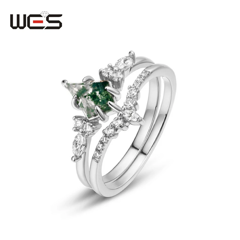 WES 925 Sterling Silver Natural Moss Agate Ring Sets For Woman Gold Plated Wedding Valentine Gifts Certified Jewelry Wholesale