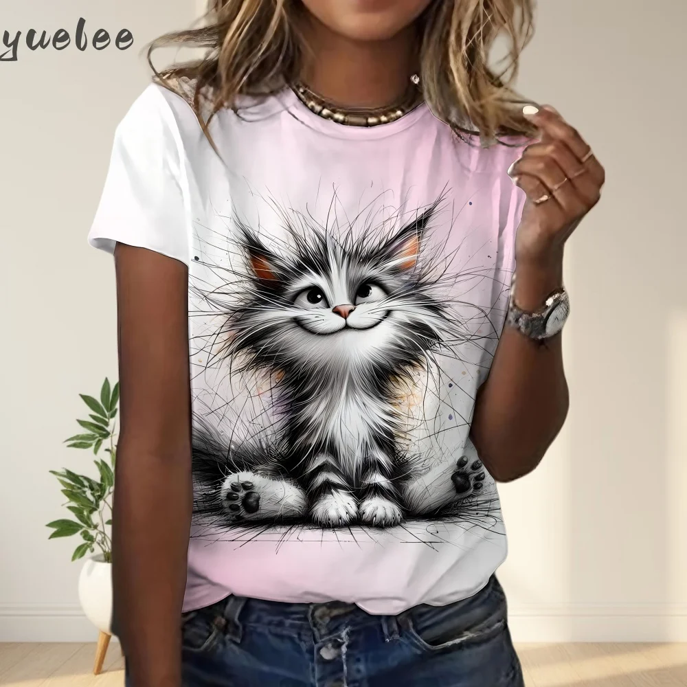 

Женская футболка с принтом кота, повседневные футболки с короткими рукавами и 3D рисунком животных, летняя женская одежда больших размеров с короткими рукавами