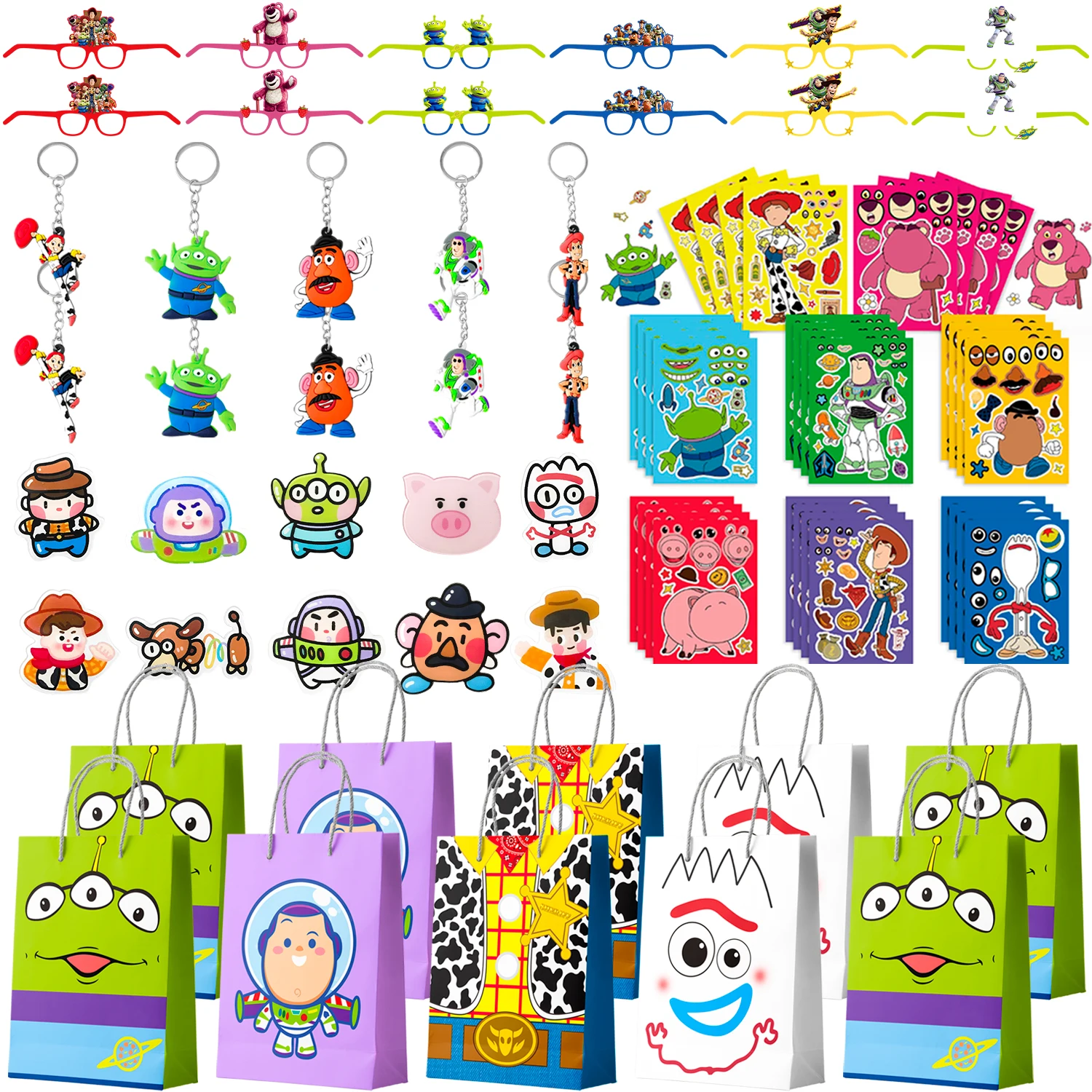 Toy Story Party Favors for Kids, 50pcs Toy Story Birthday Party Favors Set-Goodie Bags Key Chains Stickers Photo Props etc