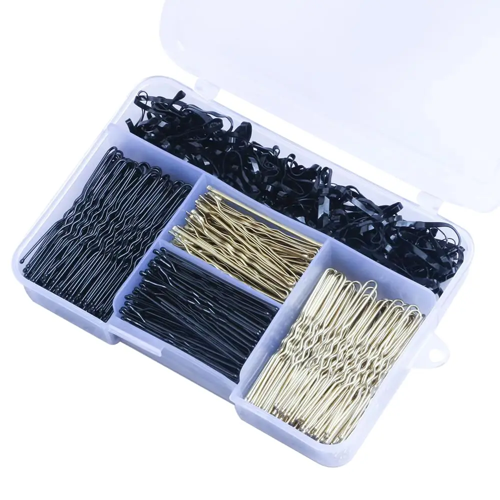 

300-piece hair clip set includes 100 U-shaped hair clips, 100 bobi hair clips (black, gold) and 100 rubber band