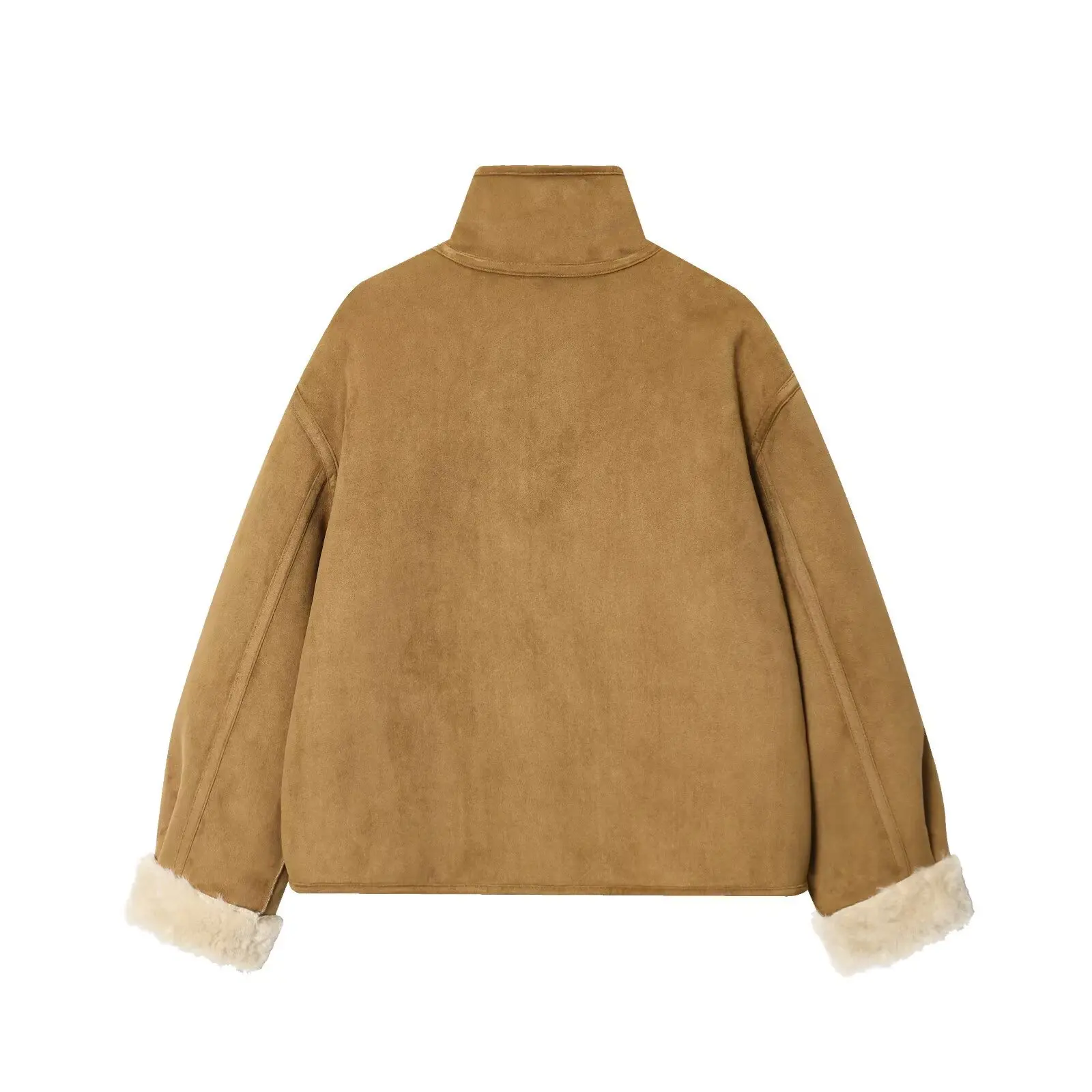 Camel Reversible Jacket Stand Collar Single Breasted Fleece Cuff Loose Warm Winter Women Short Outerwear Street Fashion​