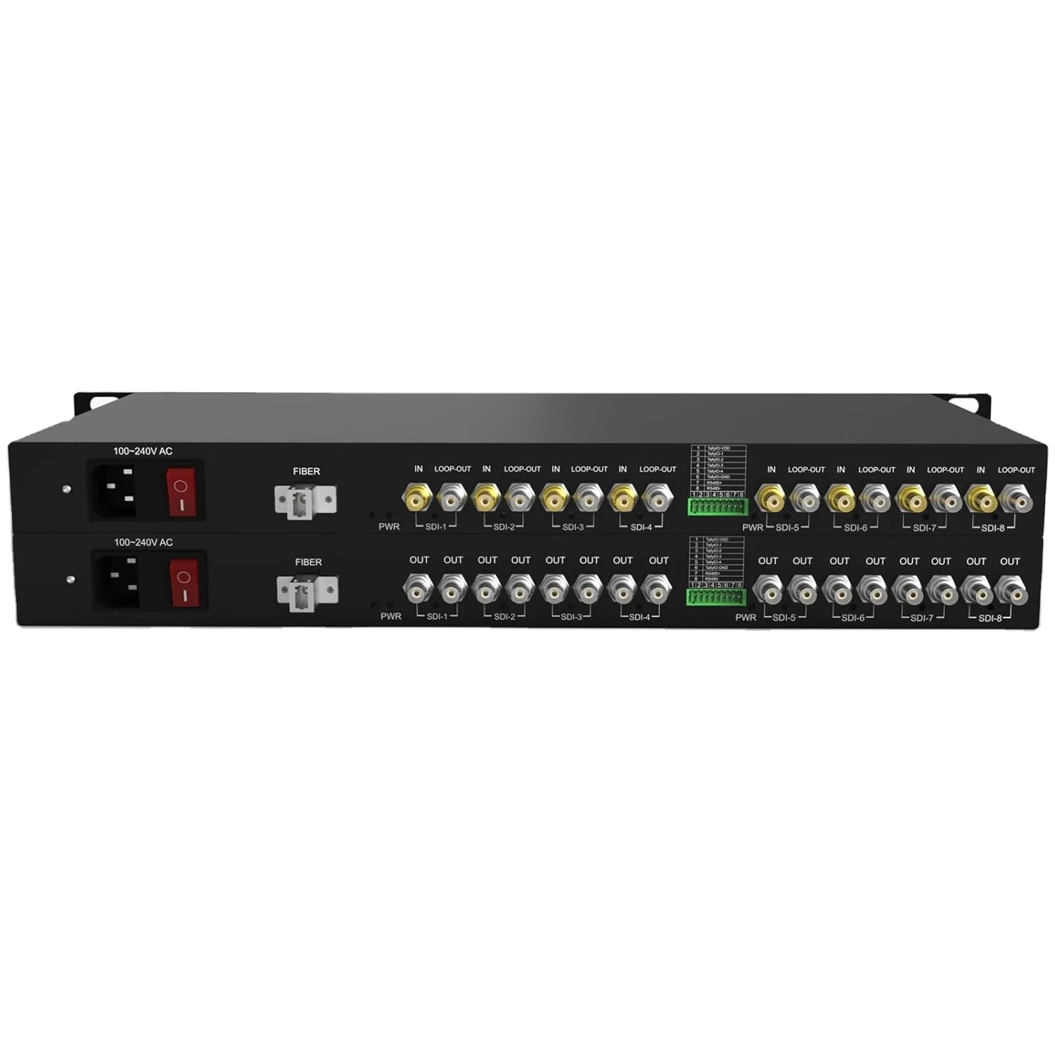 8CH 3G-SDI Fiber Converter 1U Rack-Mountable 1080P Video Optical Transceiver with Loop-Out + 1CH RS485 Reverse Data Uncompressed