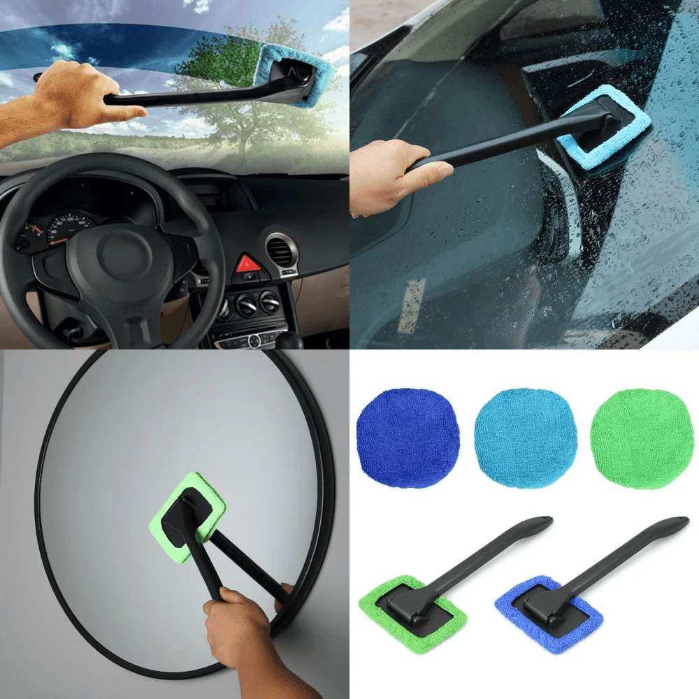 Car Window Cleaning Brush Kit Windshield Wiper Soft Microfiber Wiper with Long Handle Cleaning Brush Self-Cleaning Washing Tool