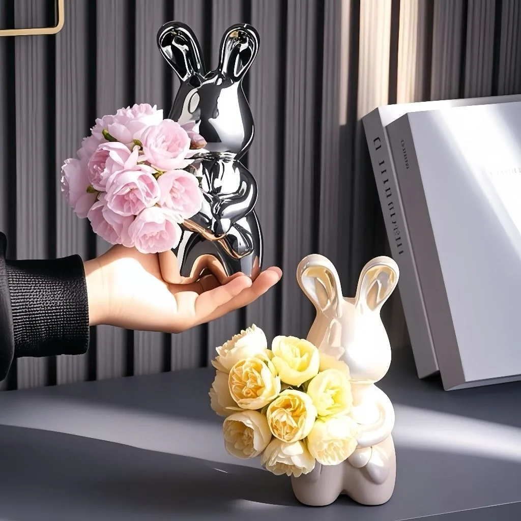 Ins Gift Silver Rabbit Vase Statue Accessories Colorful Home Decoration Luxury for Living Room Decorative Figurines Ornament