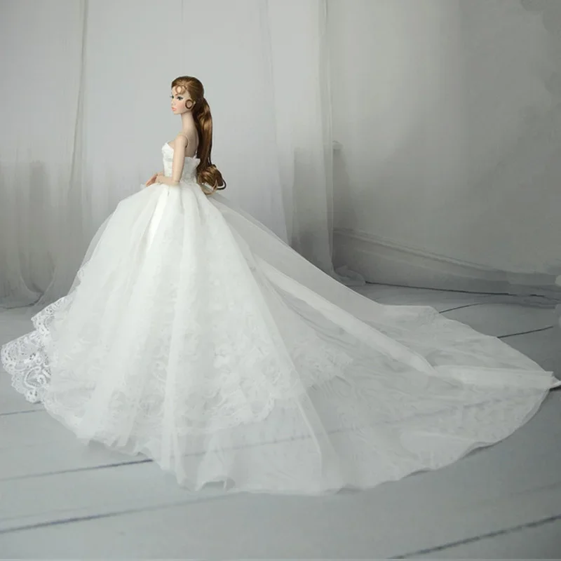 White Lace Handmade Wedding Dress For Barbie Doll Outfits Princess Evening Party Ball Long Gown Skirt Bridal Dress Accessories