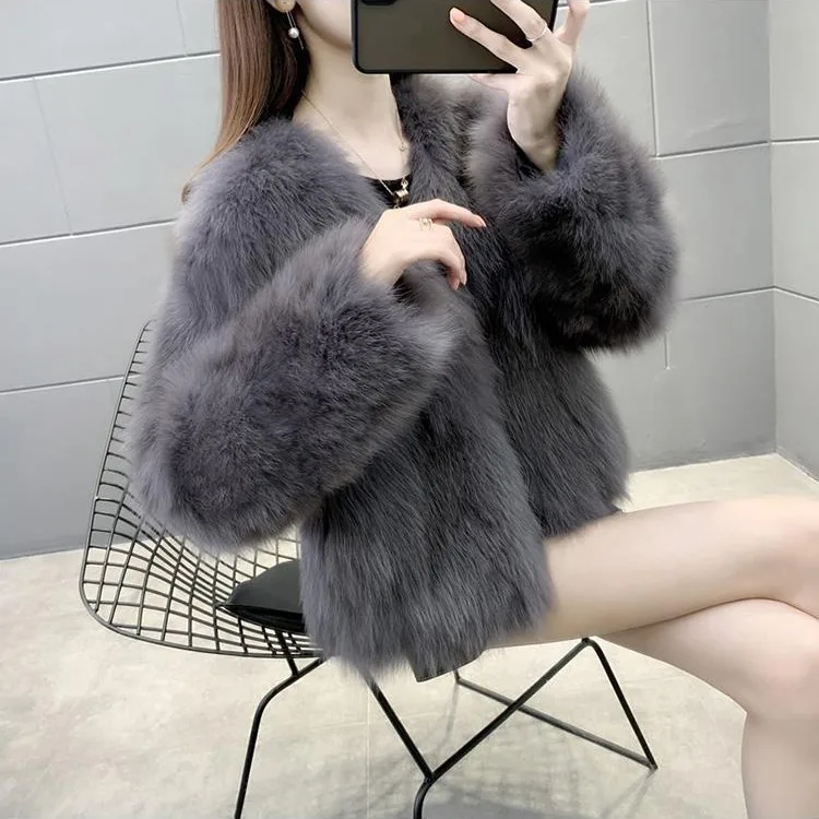 

Faux Fur Coats Jackets Women V Neck Short Coat Thick Warm Y2k Streetwear Jacket Work Elegant Outerwear Slim Fit Autumn Winter