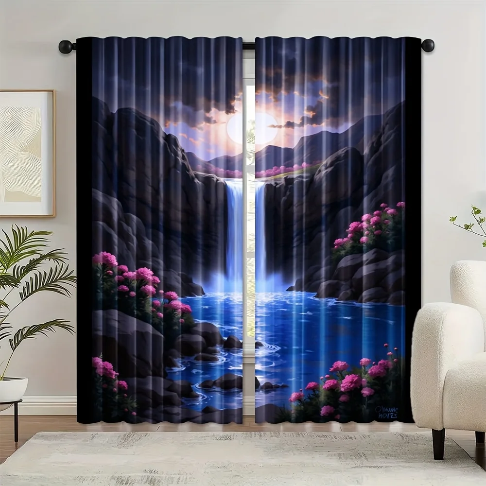 2pcs Cherry Blossom Waterfall Curtains with Rod Pocket - Artistic Polyester Fabric Design, Semi-Transparent, Modern Home Styling
