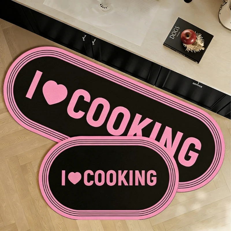 Kitchen Floor Mat PVC Leather Waterproof Oil-proof Non-slip Long Carpet Black Retro American Letter Style Rug Home Decor Rugs