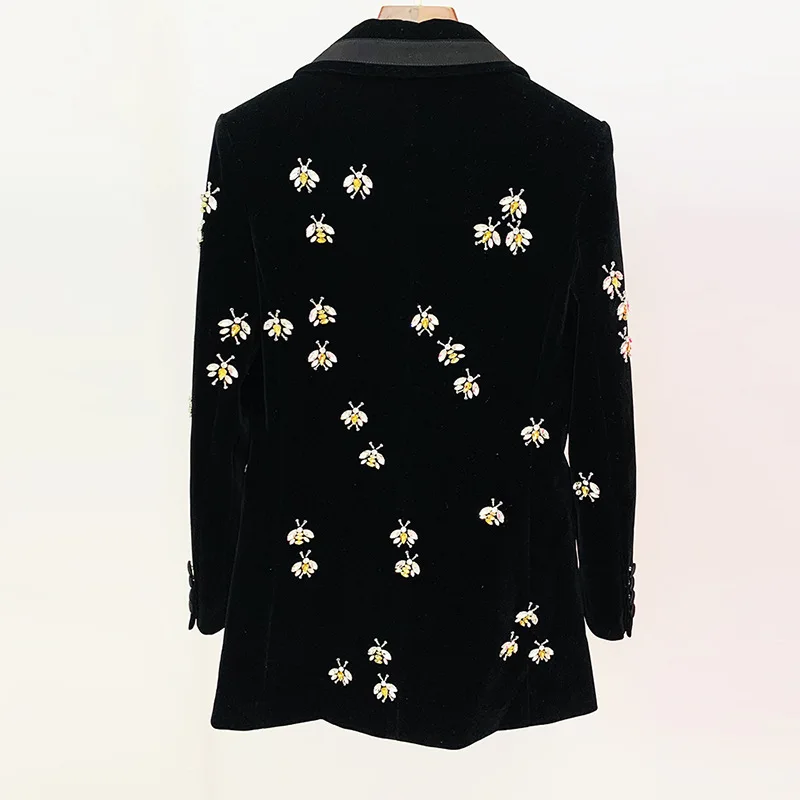 2025 Autumn  Fashion Elegant Slim Fit Mid-Length Single Button Design Bee Diamond Beaded Decorated Velvet Casual  Blazer