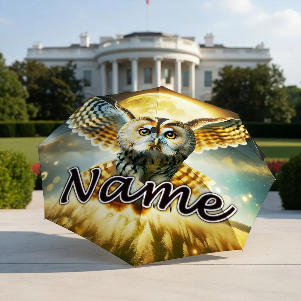 Custom Name Umbrella Owl With Spread Wings Moon And Fireflies Print Folding Umbrella Compact Portable Travel Parasol