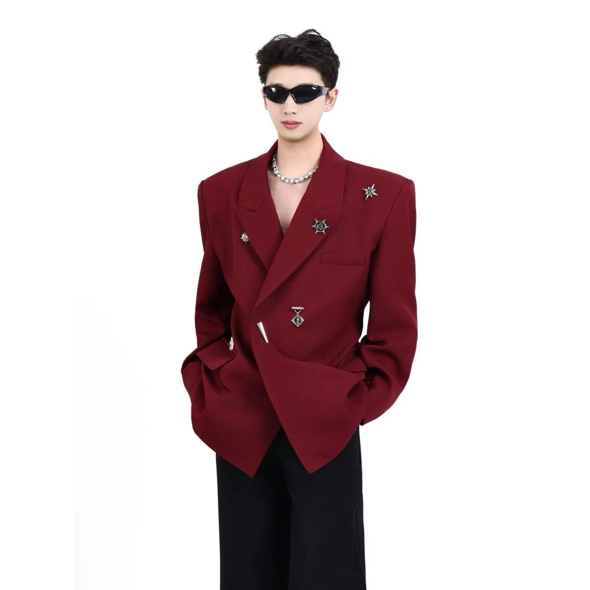 Casual Style Men's Suit Set with Shoulder Pads Metal Lapel Pin High End Fashion Trend Outerwear Breathable Polyester Fiber
