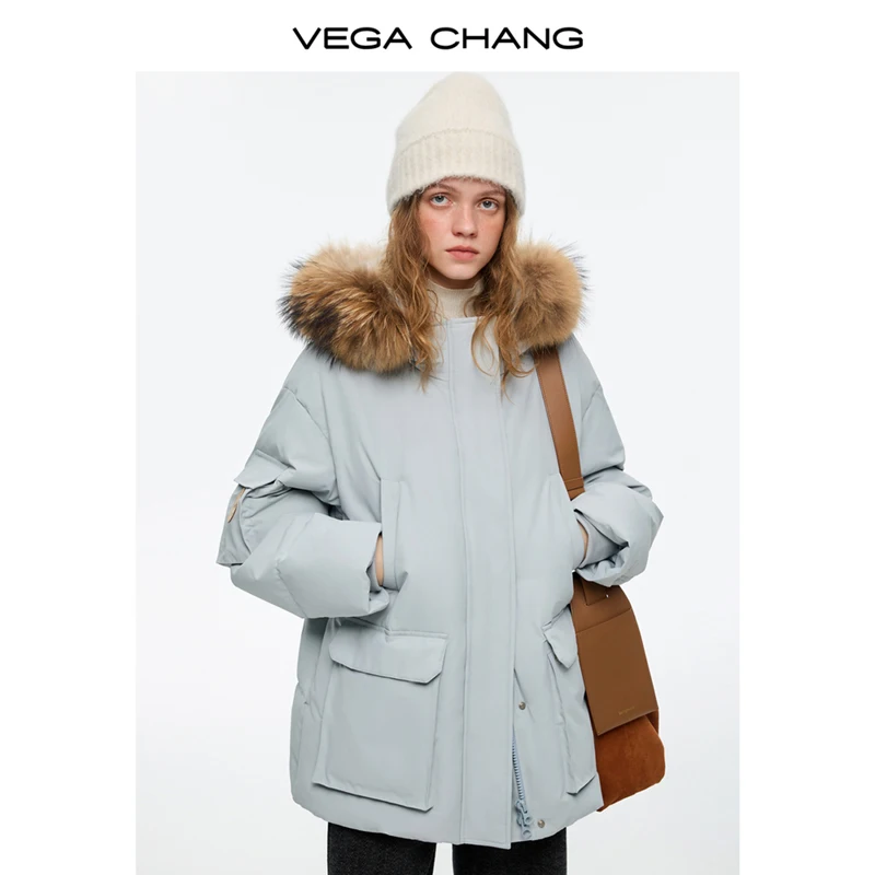 Vega Chang New Winter Women's down Jacket with Detachable Raccoon Fur Collar Dupont Three-Proof down Jacket