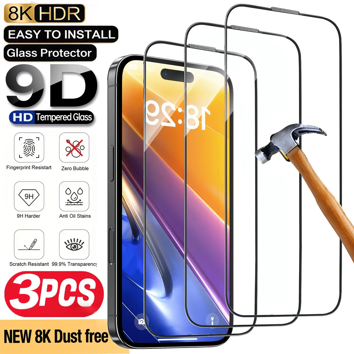 Lot de 3 protections d'écran en verre trempé, couverture intégrale Ultra HD, anti-traces de doigts, anti-chocs, dureté 9H pour iPhone 17 16 15 14 13 12 11 Pro Max X XS XR AIR 17pro 17promax