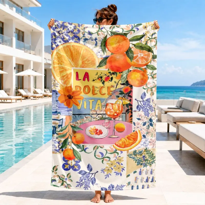 Hand Drawn Floral Border Ciao Bella Letter Graphic Beach Towel Super Absorbent Lightweight Towel For Beach Travel Swimming Daily