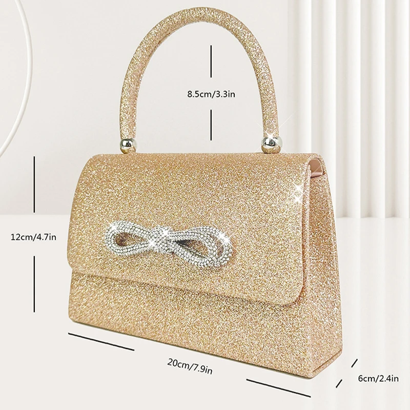 Elegant Sequins Lady Evening Bag Fashion Glitter Diamond Bownot Pattern Wedding Party Clutch Handbag Top Handle PU Leather Purse