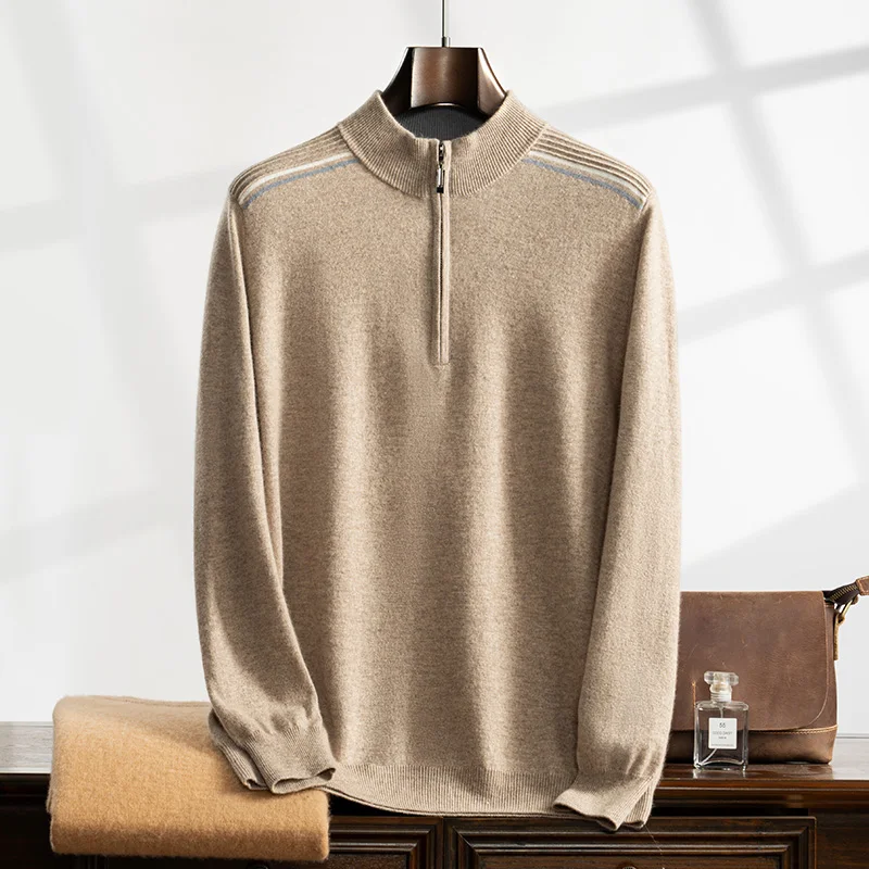 

2024 New (100% Cashmere) Men's Casual Half High Collar Half Zipper Color Match Versatile Temperament Men's Sweater